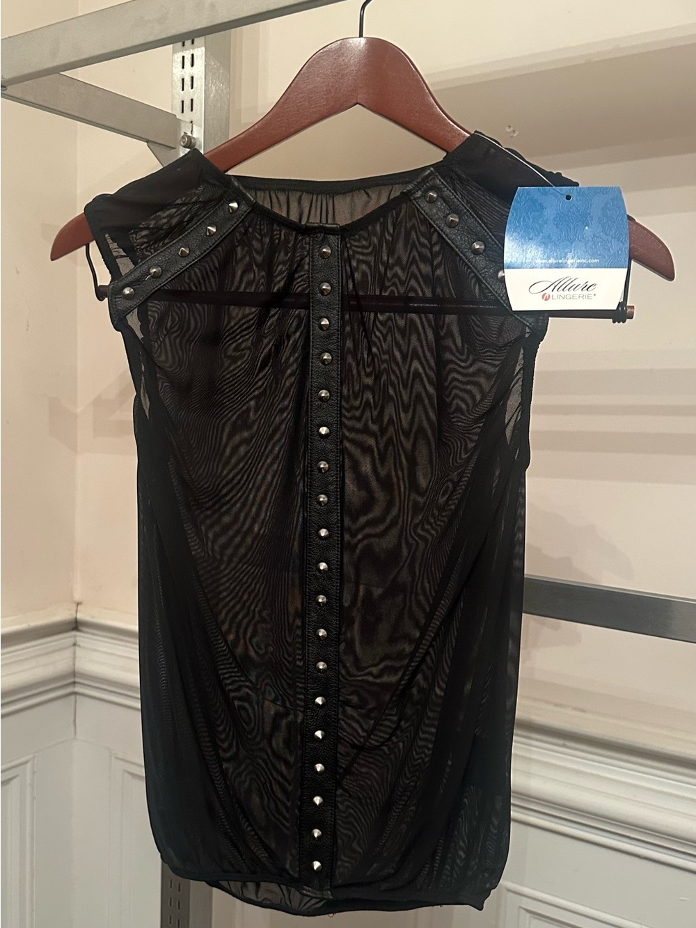 [SM] Allure Leather & Mesh Net Sheer Stud-Trim Black Top